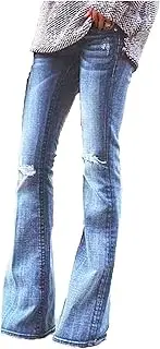 [Generic] Women Ripped Flare Jeans Slim Fit Hole Bell Bottom Jeans Pants Perforated Retro Wide Leg Denim Pants