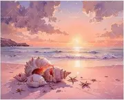Beach Paint by Numbers Kit for Adults - DIY Pink Seashells and Starfish at Sunset Painting on Canvas 16x20 Inches, Acrylic Paint Set, Suitable for Beginners, Art for Home Decoration or Gifts