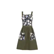 Vintage Floral Apron Dress for Women - Kitchen Pinafore with 2 Deep Green