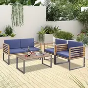 Costway 4 Piece Patio Chair Set, Acacia Wood Chair Set w/ 2 Chairs, 1 Loveseat & 1 Coffee Table, Soft Seat & Back Cushions, Outdoor Wood Furniture Set for Backyard, Poolside, Garden