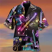 Men's Musical Instrument Shirt Summer Hawaiian Shirt Button Up Shirt Short Sleeve Designer Beach Holiday Spring Summer Turndown 3D Print Black Blue Dark Green