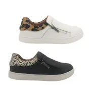 Step On Air Magic Ladies Leather Casual Zip Side Flat Comfy Animal Print Trim