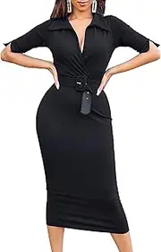 [Atyfuniby] Work Dresses for Women - Casual Turn Down Collar Wrap V Neck Half Sleeve Bodycon Midi Dress with Belt