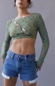 UO Nicolette Asymmetrical Cropped Sweater Top Ribbed Cutouts Space-Dye L NWT $55