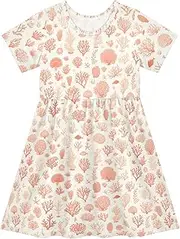 [FRODOTGV] Beauty Coral Beige Girls Dress Short Sleeve Swing Casual Spring Dresses for Baby Girls, Beauty Coral Beige, 3 Years
