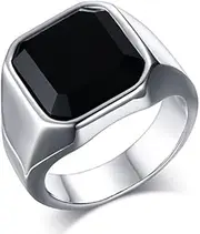 [MOWEN] Jewelry Fashion Stainless Steel Signet Rings with Black Agate Onyx for Men (7), Stainless Steel,Titanium,Silver