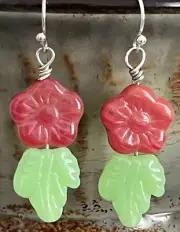 Silver, Green Leaf and Red Flower Dangle Earrings. Boho Chic. Bloom