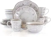 Rustic Birch 16 Piece Embossed Scalloped Stoneware round Dinnerware Set in White