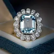 Floral Style Jewelry Ring 2.90CT Emerald Cut Real Aquamarine 14K White Gold Over