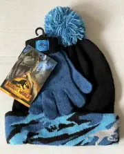 Jurassic World Hat and Gloves Black Blue Camo Todder Child 2Pc Set NWT