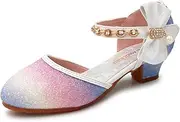 [Mei MACLEOD] Girls Dress Shoes Low Heel Princess Shoes Sparkly Mary Jane Shoes with Pearl Bowknot for Wedding Party