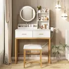 Makeup Vanity Dressing Table with round Mirror and Lights, White Vanity Desk, Sm