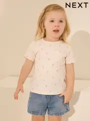 Ecru Ditsy Floral 100% Cotton Print Short Sleeve Scallop T-Shirt (3mths-7yrs) (AD8238) | $11 - $15