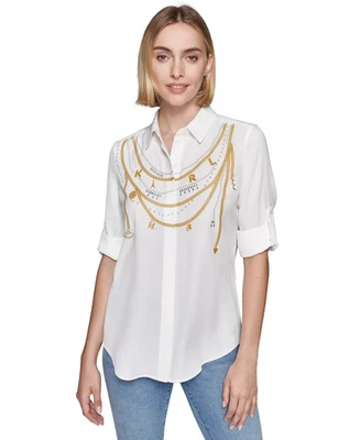 KARL LAGERFELD PARIS Women's Top Sz XS Chain-Printed Button-Front