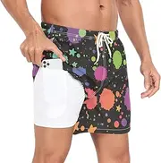 [GuoChe] Men Swim Shorts Men's 2 in 1 Workout Running Shorts Bright Drops Phone Pocket Board Shorts Quick Dry Elastic