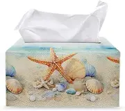 ZDCUSTOM Shell Starfish Pattern Tissue Box Cover Rectangle Boutique Box for Bathroom, Tissue Holder Paper Cover Case PU Leather Tissue Box Cover for Office Desk