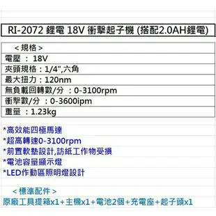 【台北益昌】車王德克斯 durofix RI2072 鋰電池 18V 高轉速 衝擊起子機 RI-2072