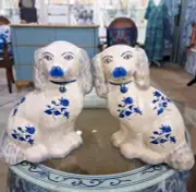 Staffordshire Reproduction Spaniel Blue Floral Dogs Pair Figurines-9.5''H