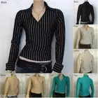 Womens Pinstripe Wrap Over Long Sleeves Shirt / blouse Top