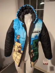 Minecraft Boys Hooded Puffer Jacket Coat Size 14/16 Kids Creeper Steve Zombie