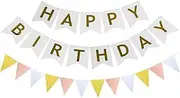 Haobase Happy Birthday Banner Triangle Flags Banner Happy Birthday Sign Swallowtail Flag Hanging Party Decoration (White)