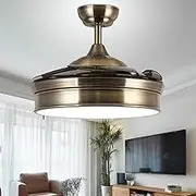 Reversible Retractable Ceiling Fans with LED Light and Remote Control, 42 Inch Invisible Ceiling Fan Chandelier with 4 Brown ABS Blade, Livingroom Fandelier Indoor Ceiling Light with Fans (Bronze)
