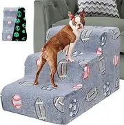 Cat Stairs Foam Dog Stairs, Non Slip Small Medium Pet High Density Foam Dog Soft ramp Steps for Sofa Bed, Odorless Luminous Cover, Best for Older Injured Dog Cat, 3 Steps, Blue-Grey