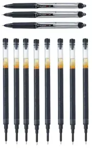 Pilot V5 RT 3 Pens With 8 Refills Black Ink 0.5mm Fine Clicker Pen Retractable