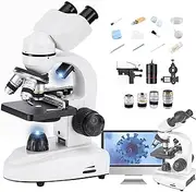 Lab Compound Binocular Microscopes 40X-6000X/10000/20000X Magnification with 2.0MP Electric Eyescope,Capturing Image,Recording Video, WF10X WF25X,Dual Power Supply Methods,6000X