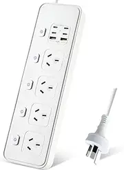 Power Board with Individual Switches - 4 AC Outlets, 2 USB Ports, 4 USB C Ports, 2400W Surge Protector, 2m Extension Cord Power Strip Charging Station for Home & Travel