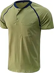[Aosufei] Men's Stand-Up Collar Slim Button T-Shirt Lightweight Casual Pocket T-Shirt Short Sleeve Color Matching T-Shirt