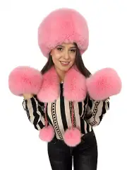 Arctic Fox Fur Beanie Hat + Scarf + Wristbands Set Saga Furs Pink Fur Pompom's