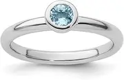 [Stackable Expressions] 925 Sterling Silver Bezel Polished Stackable Low 4mm Round Aquamarine Ring Size 6-Stackable-Ring for Women