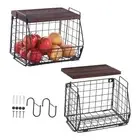 Wall Storage Hanging Baskets 2 Pack - Large Wooden Top Wire Basket Organizers