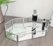 Large Glass Mirrored Tray and Organizer with Laced Edge, Silver