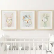 Baby Girl Woodland Nursery Prints, set of 3, Fox, bunny, Deer. Bedroom Decor