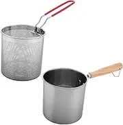 WEKADRIN Mini Oil-Saving Deep Fryer Pot Heat-Resistant Wood Handle 1200ml Stainless Steel Fryer Soup Pot for Kitchen