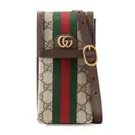 【GUCCI 古馳】746307 經典OPHIDIA系列雙色織帶復古LOGO迷你手機包斜背包(棕色)