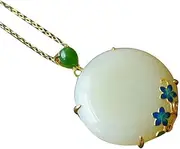 [KONGKNUANK] Necklaces For Women Jade pendant S925 Silver Gold-Plated Natural Hetian Jade Round Burnt Blue Flower Necklace Pendant for Women Yoga Genuine