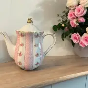 Grace Teaware FINE Porcelain Teapot White Gold pink pastel roses Trim Tea Pot