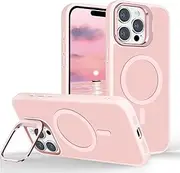 Tcaraersing for iPhone 16 Pro Max Magnetic Matte Case with Kickstand, Compatible with MagSafe, Built-in Camera Ring Stand, Slim Translucent Frosted Shockproof Cover, Anti-Fingerprint (Pink)