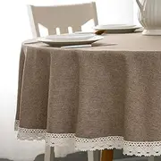 EHouseHome Faux Linen Tablecloth with Lace Trim - Waterproof/Spill Proof/Stain Resistant/Wrinkle Free/Oil Proof - for Banquet, Parties, Dinner,Kitchen,Wedding,Coffee,Holiday,Flax,Round 70Inch