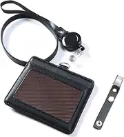 Black Leather Badge Holder, Viaky Horizontal 2 Card Pockets Genuine Leather Name Tag ID Card Holders with Retractable Reel Neck Strap & Detachable Metal Clips