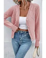 Sepia Rose Textured Knit Pearl Beaded Button Up Cardigan - Cardigans -Size S