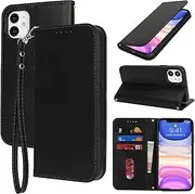 for iPhone 11 Case Leather Wallet Magnetic Flip Cover with Wrist Strap Card Holders SunYoo Case Women Men RFID Blocking Porte Feuille Portefeuille Coque étui for iPhone11 Pour Femmes Homme Black