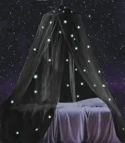 South to East Bed Canopy with Glowing Stars in The Dark, Black Bed Curtains for