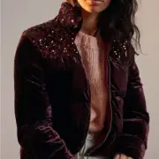 Anthropologie Vera Sequined Velvet Puffer Jacket Coat Wine MED Reviews $248