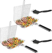 Grill Basket Set with Cleaning Brush, Stainless Steel Folding Grill Basket, 2pcs Large Rectangular Silver Grill Baskets + 2pcs Brushes, for Chicken, Meat, Steak, Chops
