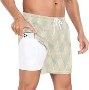 [GuoChe] Mens Swimsuit Trunks Men Double Layer Workout Shorts Vintage Brown Blue Plaid with Pockets and Compression Liner Board