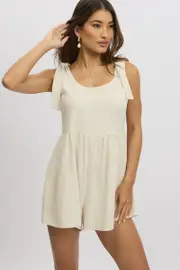 Beige Playsuit Sleeveless Tie Shoulder Linen Blend - Size 16XL, Women's Playsuit